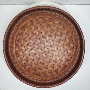 Vintage 1949 Handmade Woven Bamboo Tray 16" Stained Round Basket Wall Art